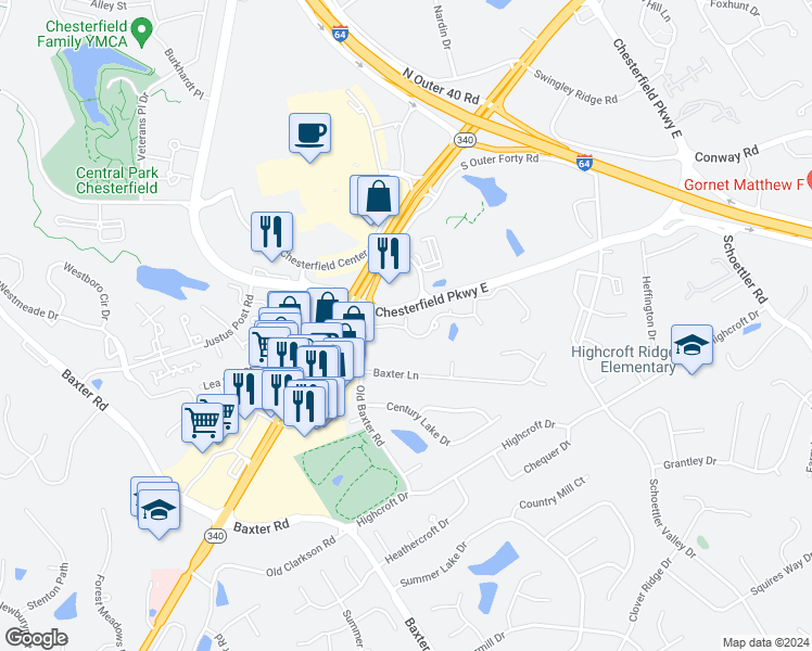 map of restaurants, bars, coffee shops, grocery stores, and more near 15670 Hedgeford Court in Chesterfield