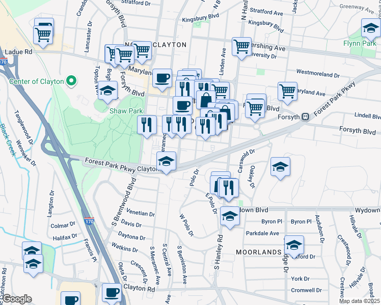 map of restaurants, bars, coffee shops, grocery stores, and more near 231 South Bemiston Avenue in St. Louis