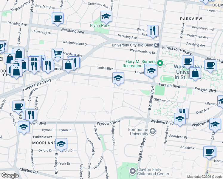 map of restaurants, bars, coffee shops, grocery stores, and more near 31 Brentmoor Park in Clayton
