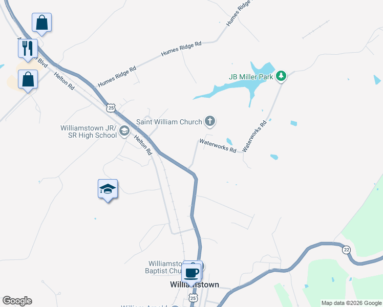 map of restaurants, bars, coffee shops, grocery stores, and more near 700 North Main Street in Williamstown
