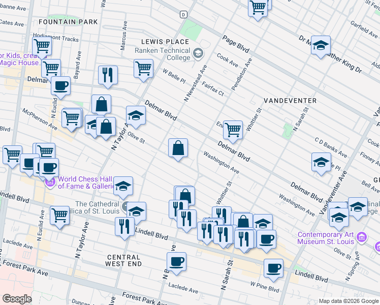 map of restaurants, bars, coffee shops, grocery stores, and more near 4291 Olive Street in St. Louis