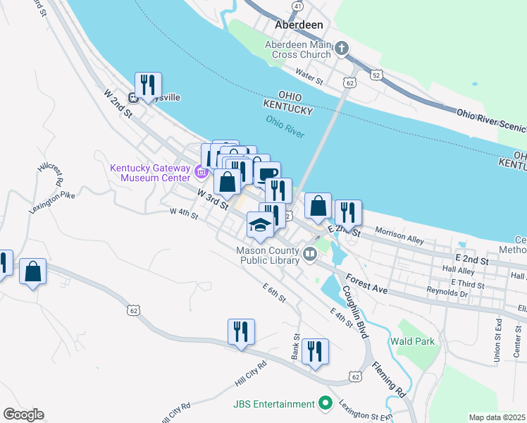map of restaurants, bars, coffee shops, grocery stores, and more near 215 Limestone Street in Maysville
