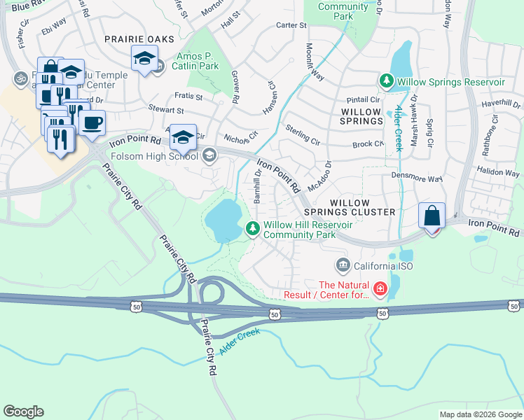 map of restaurants, bars, coffee shops, grocery stores, and more near 254 Barnhill Drive in Folsom