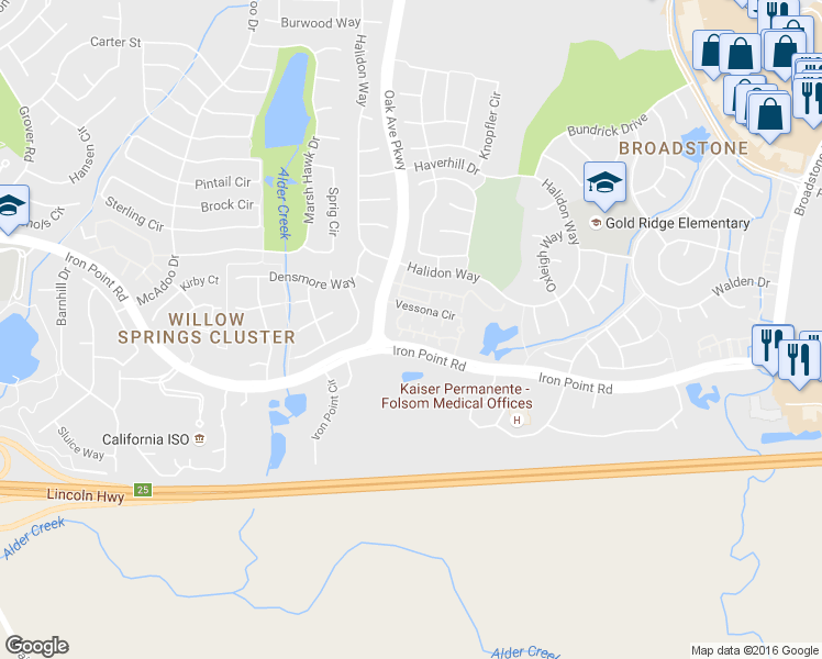 map of restaurants, bars, coffee shops, grocery stores, and more near 714 Vessona Circle in Folsom
