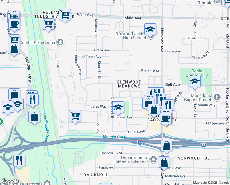 map of restaurants, bars, coffee shops, grocery stores, and more near 4391 Englewood Street in Sacramento