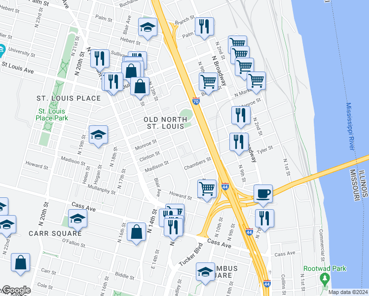 map of restaurants, bars, coffee shops, grocery stores, and more near 2207 Hadley Street in St. Louis