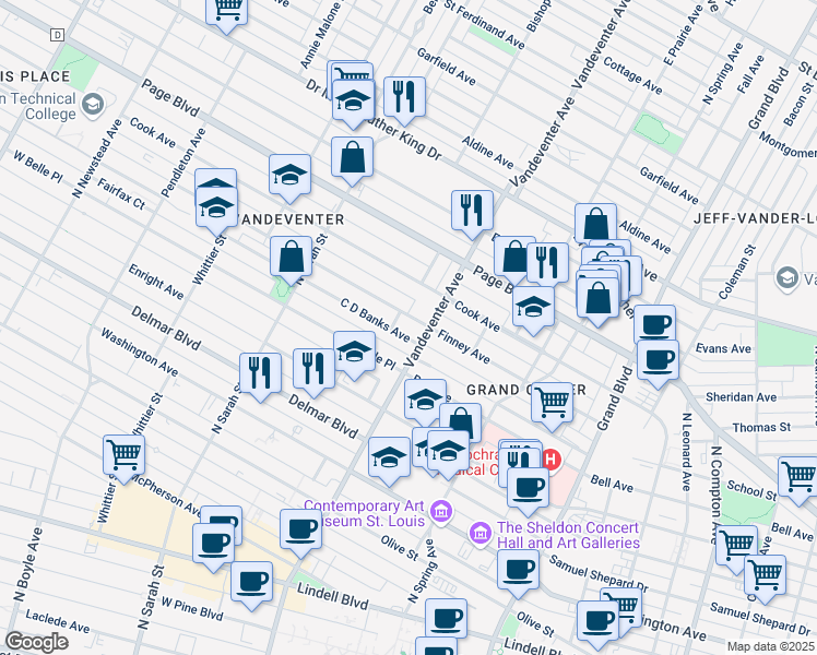 map of restaurants, bars, coffee shops, grocery stores, and more near 1127 Vandeventer Avenue in St. Louis
