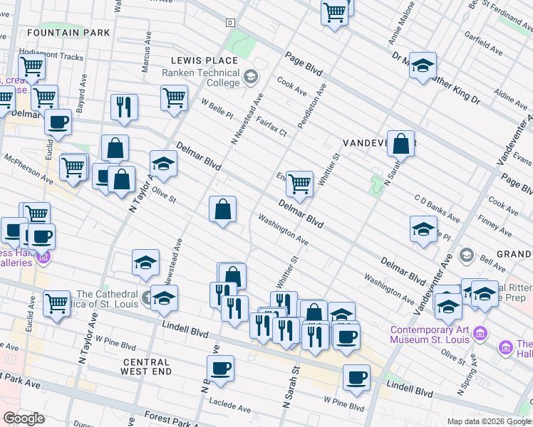 map of restaurants, bars, coffee shops, grocery stores, and more near 4264 Delmar Boulevard in St. Louis