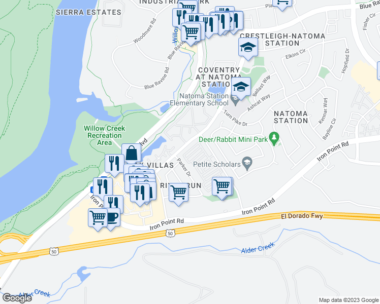 map of restaurants, bars, coffee shops, grocery stores, and more near 133 Brightstone Circle in Folsom