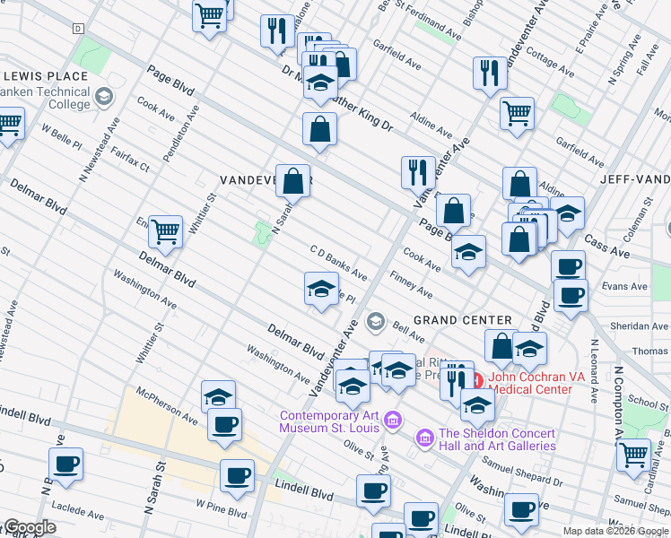 map of restaurants, bars, coffee shops, grocery stores, and more near 3952 Finney Avenue in St. Louis