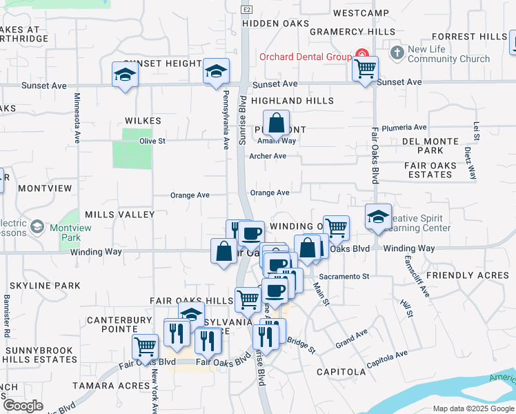 map of restaurants, bars, coffee shops, grocery stores, and more near 7948 Orange Avenue in Fair Oaks