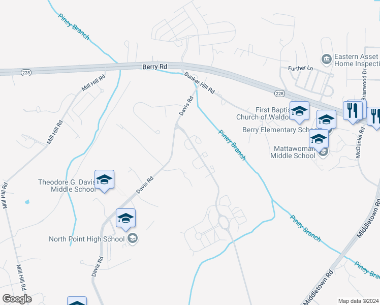 map of restaurants, bars, coffee shops, grocery stores, and more near 2419 Richmond Way in Waldorf