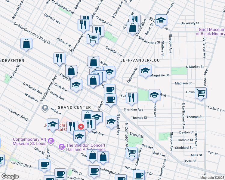 map of restaurants, bars, coffee shops, grocery stores, and more near 1428a North Grand Boulevard in St. Louis
