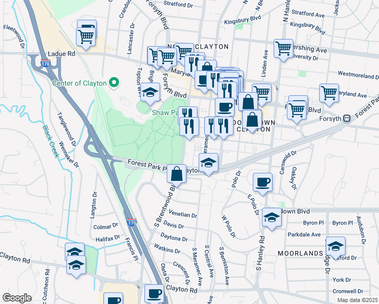 map of restaurants, bars, coffee shops, grocery stores, and more near 230 South Brentwood Boulevard in St. Louis