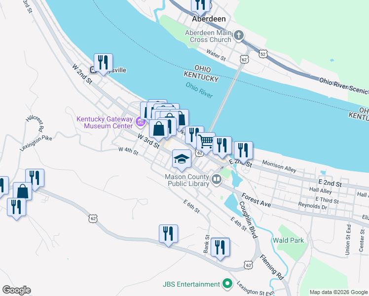 map of restaurants, bars, coffee shops, grocery stores, and more near 215 Limestone Street in Maysville