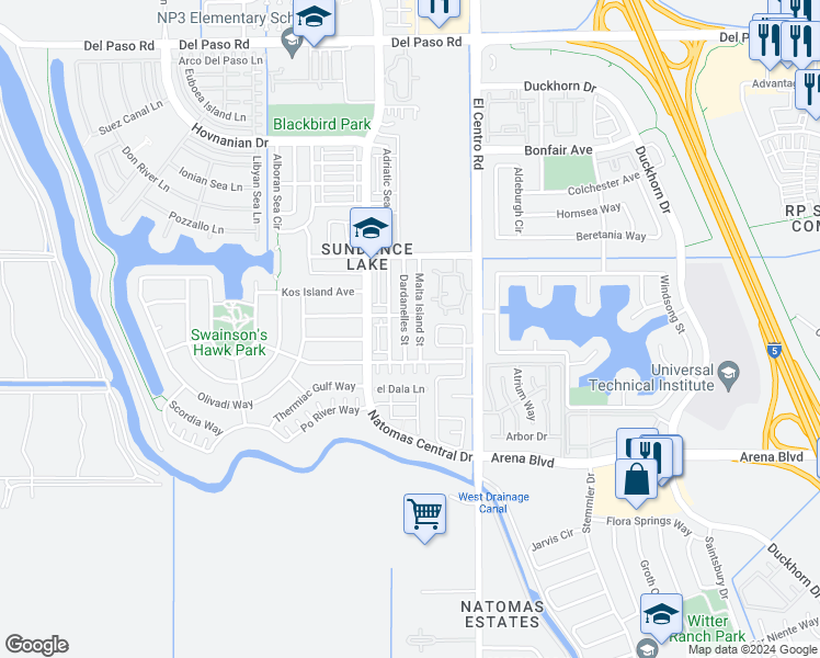 map of restaurants, bars, coffee shops, grocery stores, and more near 4136 Dardanelles Street in Sacramento