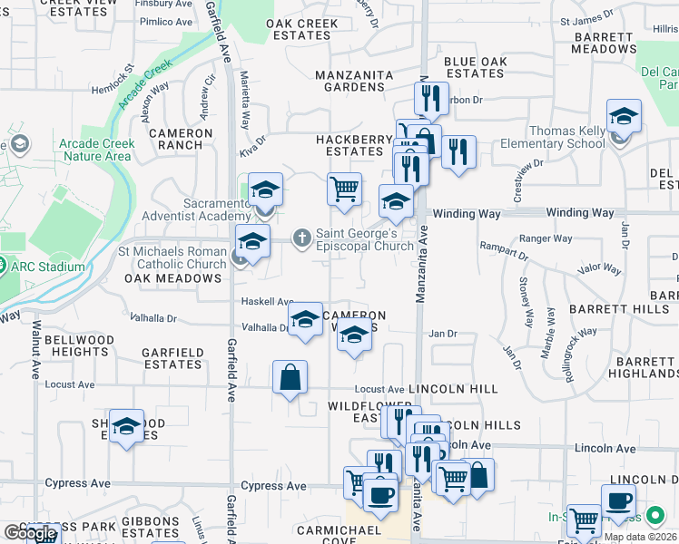 map of restaurants, bars, coffee shops, grocery stores, and more near 4537 Winding Tree Lane in Carmichael