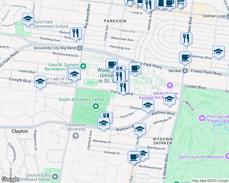 map of restaurants, bars, coffee shops, grocery stores, and more near 6487 Forsyth Boulevard in Saint Louis