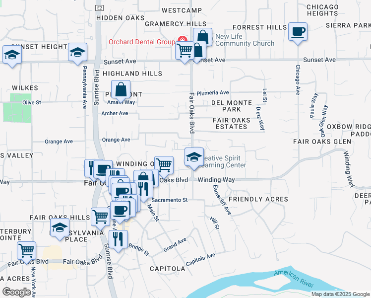 map of restaurants, bars, coffee shops, grocery stores, and more near 10827 Fair Oaks Boulevard in Fair Oaks