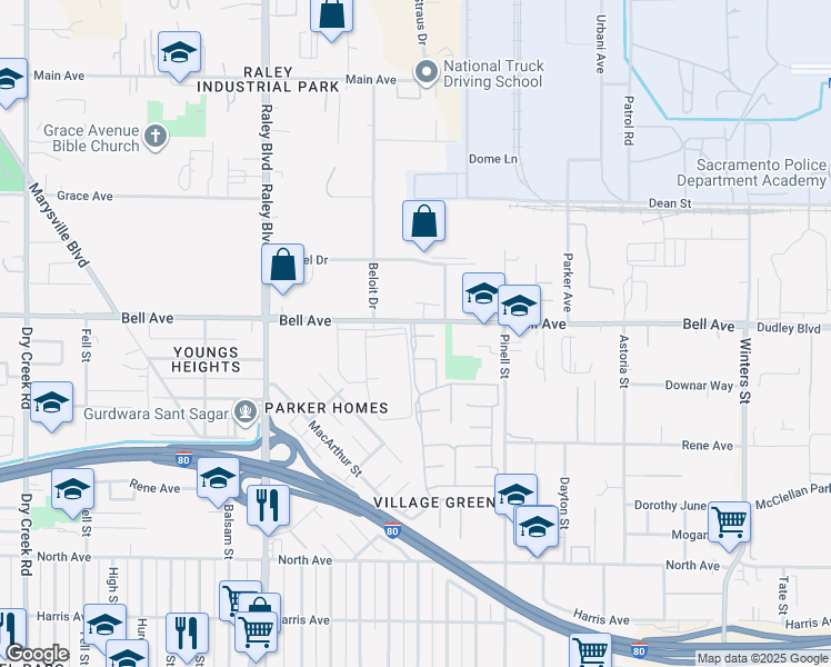 map of restaurants, bars, coffee shops, grocery stores, and more near 1801 Bell Avenue in Sacramento