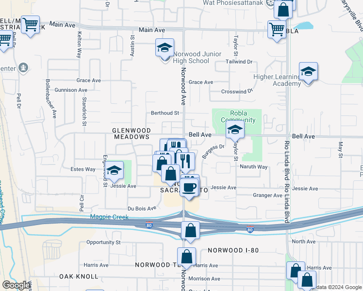 map of restaurants, bars, coffee shops, grocery stores, and more near 410 Bell Avenue in Sacramento