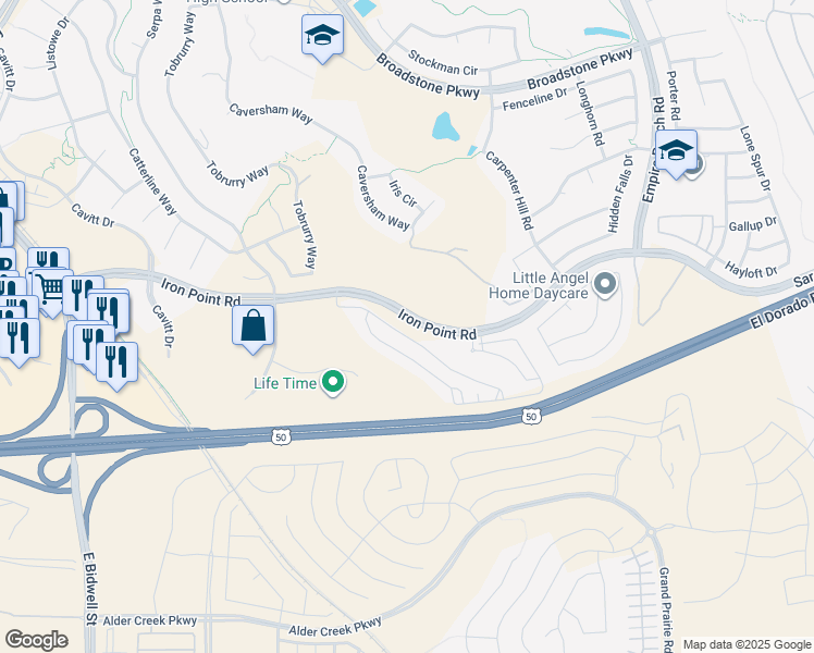 map of restaurants, bars, coffee shops, grocery stores, and more near 101 Pique Loop in Folsom