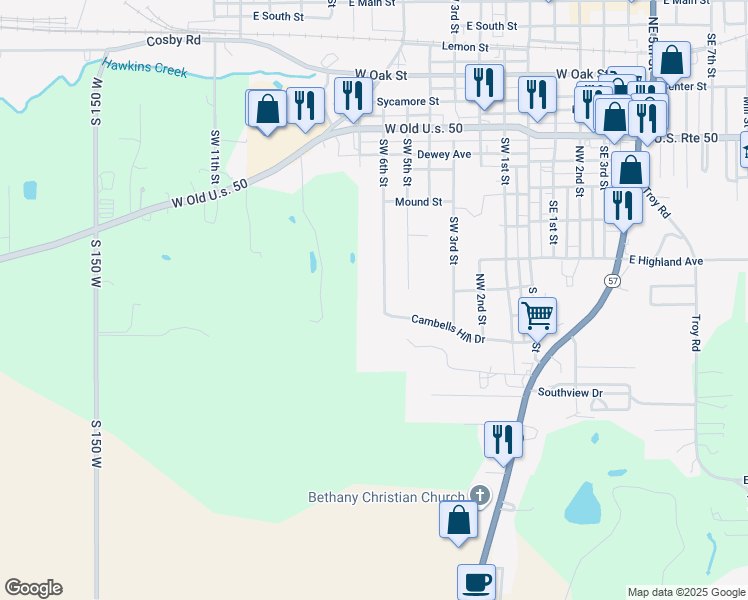 map of restaurants, bars, coffee shops, grocery stores, and more near Tower Drive in Washington