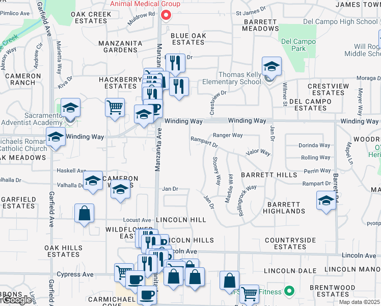 map of restaurants, bars, coffee shops, grocery stores, and more near 6024 Rampart Drive in Carmichael