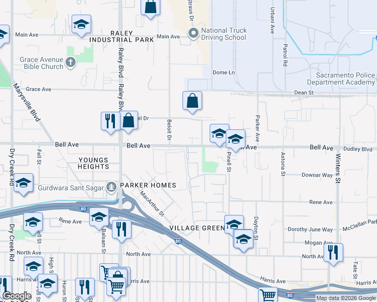 map of restaurants, bars, coffee shops, grocery stores, and more near 1801 Bell Avenue in Sacramento