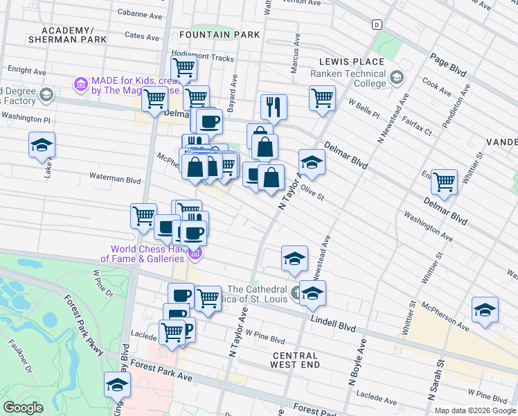 map of restaurants, bars, coffee shops, grocery stores, and more near 4531 McPherson Avenue in St. Louis