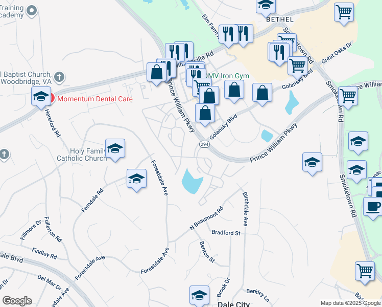map of restaurants, bars, coffee shops, grocery stores, and more near 14096 Kramer Place in Woodbridge