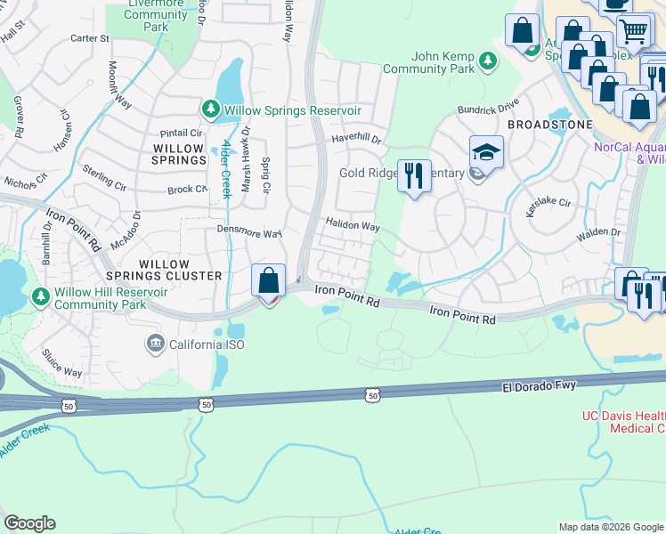 map of restaurants, bars, coffee shops, grocery stores, and more near 714 Vessona Circle in Folsom