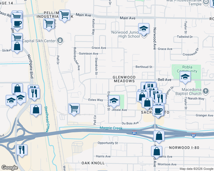 map of restaurants, bars, coffee shops, grocery stores, and more near 4391 Englewood Street in Sacramento