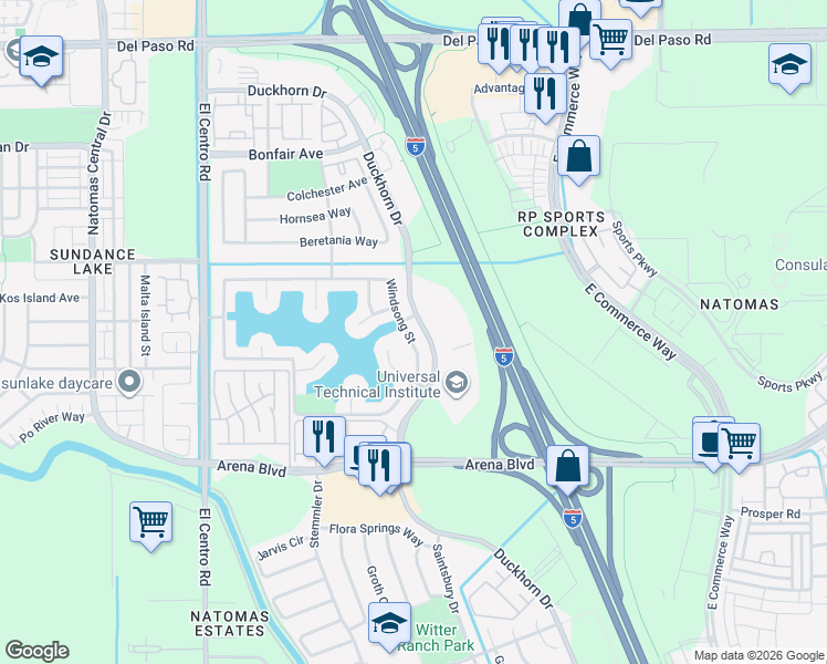 map of restaurants, bars, coffee shops, grocery stores, and more near 4172 Windsong Street in Sacramento
