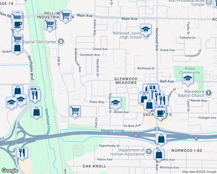 map of restaurants, bars, coffee shops, grocery stores, and more near 4391 Englewood Street in Sacramento