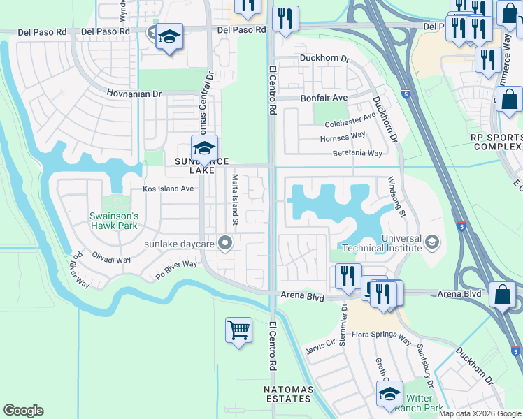 map of restaurants, bars, coffee shops, grocery stores, and more near 4275 El Centro Road in Sacramento