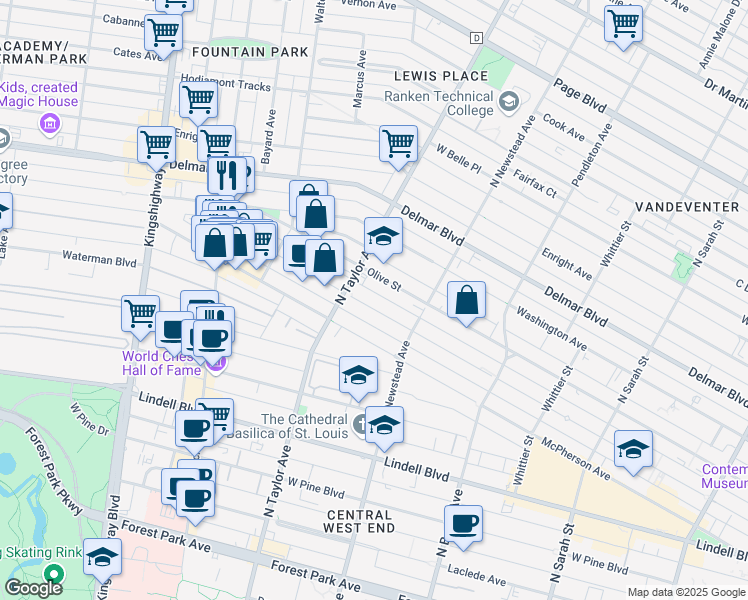 map of restaurants, bars, coffee shops, grocery stores, and more near 4485 Westminster Place in St. Louis