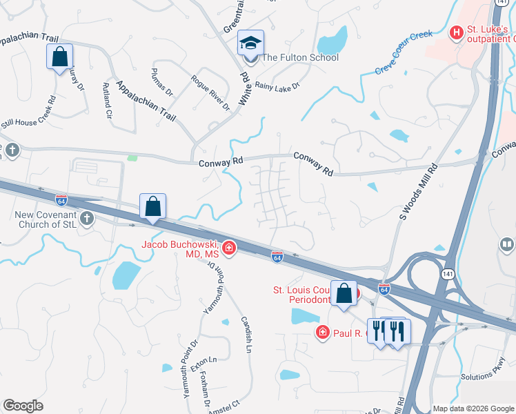 map of restaurants, bars, coffee shops, grocery stores, and more near 14416 Valley Meadow Court in Chesterfield
