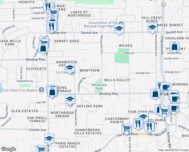 map of restaurants, bars, coffee shops, grocery stores, and more near 4540 Crestridge Road in Fair Oaks