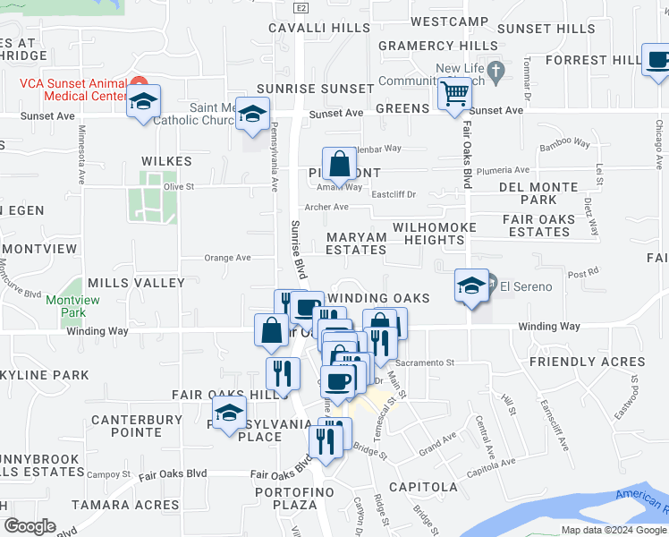 map of restaurants, bars, coffee shops, grocery stores, and more near 7968 Orange Avenue in Fair Oaks