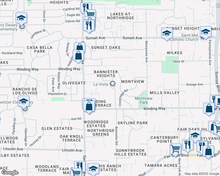 map of restaurants, bars, coffee shops, grocery stores, and more near 4501 Bannister Road in Fair Oaks
