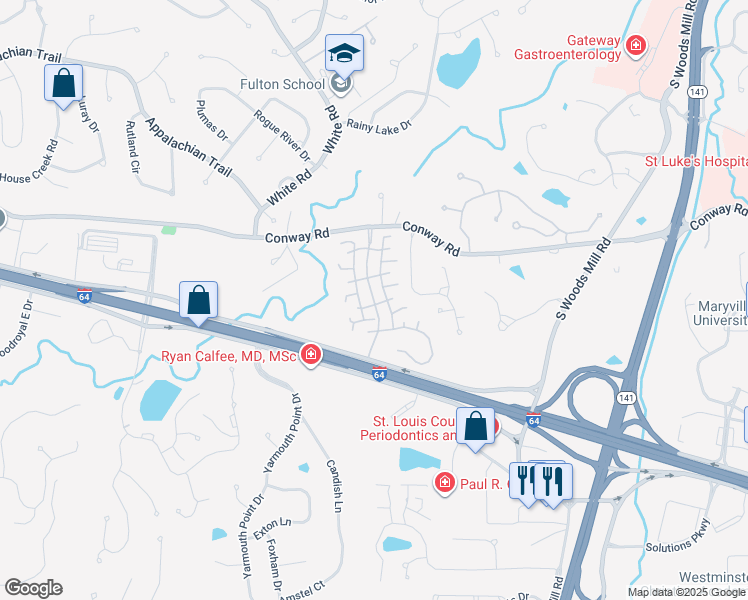 map of restaurants, bars, coffee shops, grocery stores, and more near 402 Conway Meadows Drive in Chesterfield