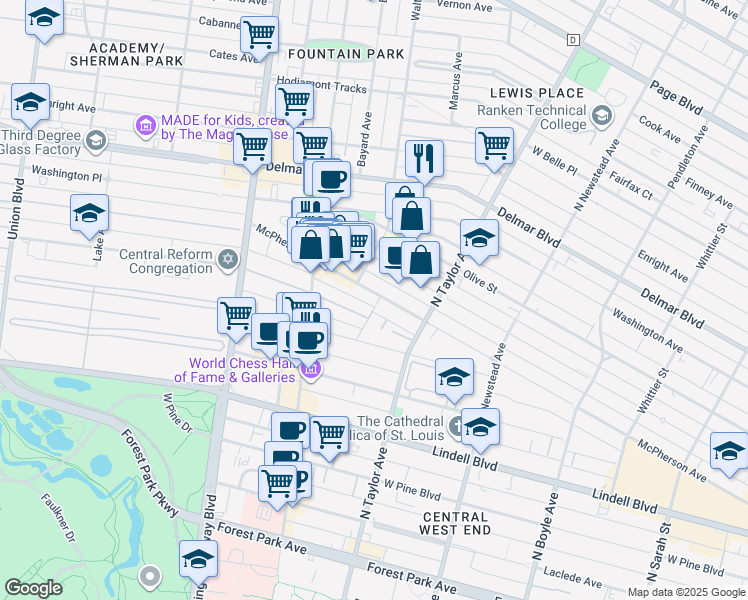 map of restaurants, bars, coffee shops, grocery stores, and more near in St. Louis