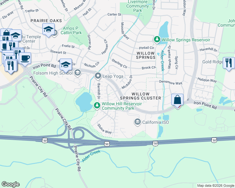 map of restaurants, bars, coffee shops, grocery stores, and more near 952 Willow Bridge Drive in Folsom