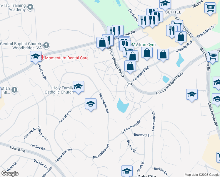 map of restaurants, bars, coffee shops, grocery stores, and more near 14203 Madrigal Dr in Woodbridge