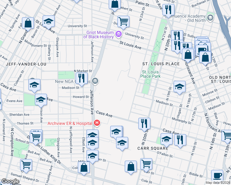 map of restaurants, bars, coffee shops, grocery stores, and more near 2331 Madison Street in St. Louis
