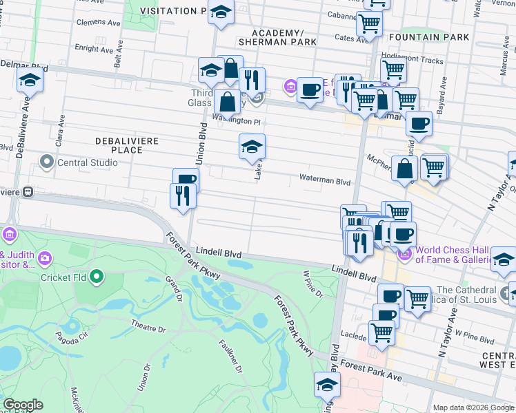 map of restaurants, bars, coffee shops, grocery stores, and more near 33 Portland Place in St. Louis