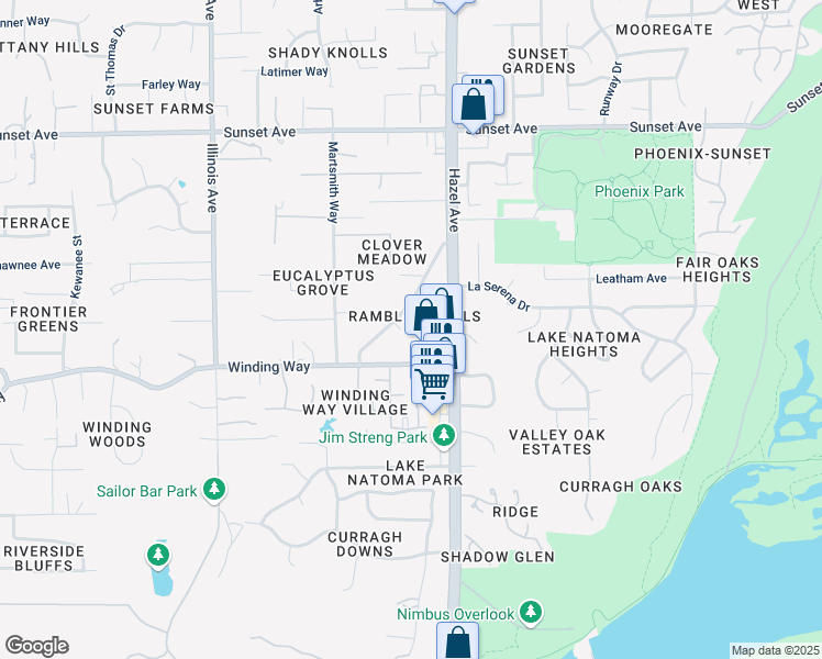 map of restaurants, bars, coffee shops, grocery stores, and more near 8868 North Winding Way in Fair Oaks