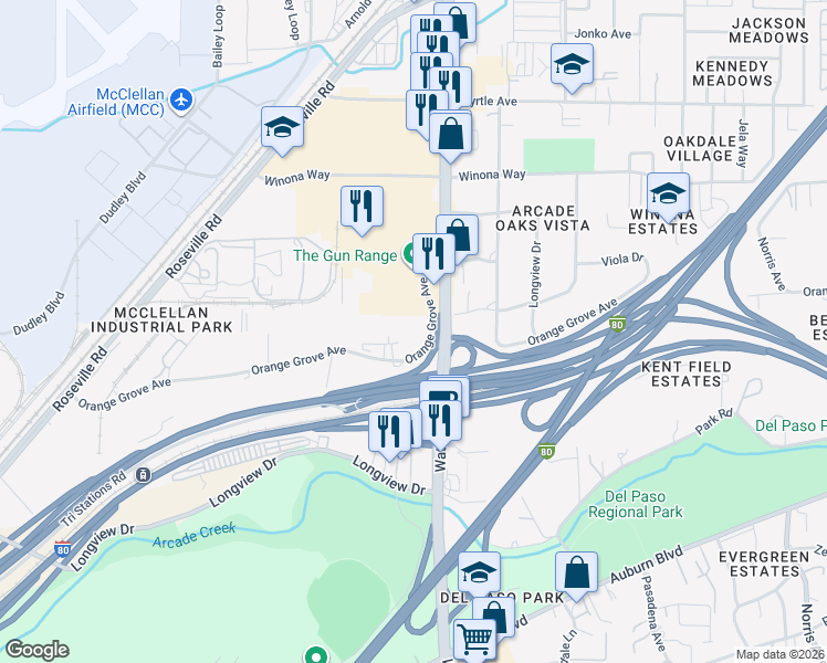 map of restaurants, bars, coffee shops, grocery stores, and more near 3425 Orange Grove Avenue in North Highlands