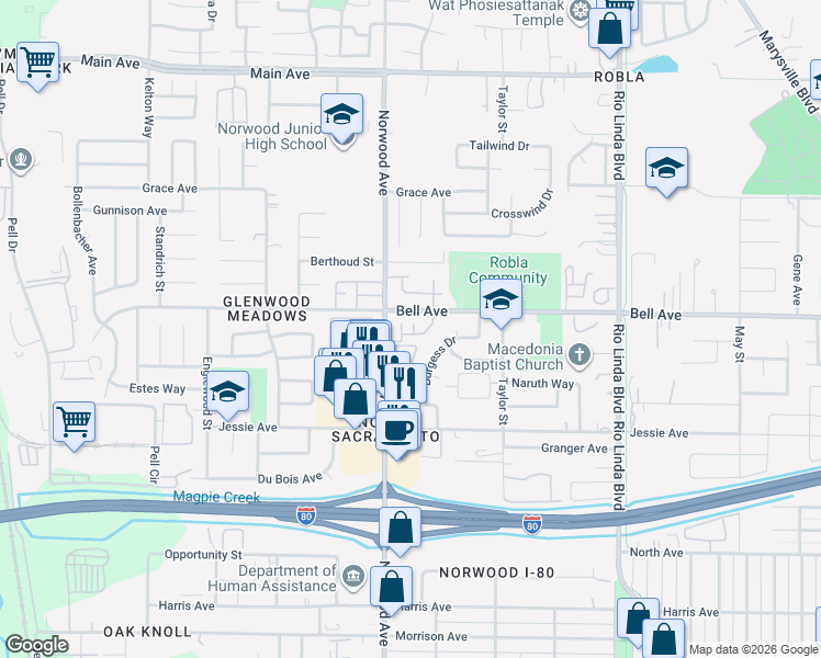 map of restaurants, bars, coffee shops, grocery stores, and more near 410 Bell Avenue in Sacramento